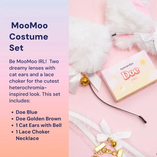 Cute MooMoo Costume Set with EyeCandys Doe Blue & Golden Brown lenses, cat ears, and lace choker, limited edition.