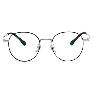 Frontal view of  Round vintage glasses frames in black and silver on a white background