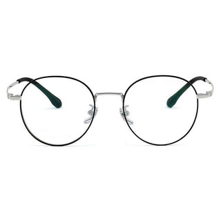 Frontal view of Round vintage glasses frames in black and silver on a white background
