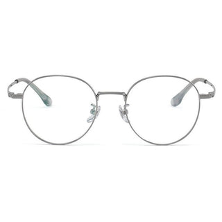 Frontal view of  Round vintage glasses frames in silver on a white background