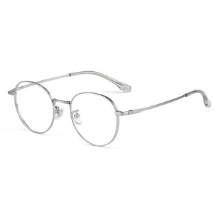 Side view of  Round vintage glasses frames in silver on a white background