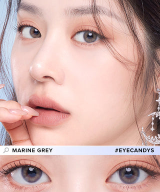 Several views of a Korean model with the Eyesm Marine Grey color contact lenses. An enlargement of a model's eyes with the prescription colored contacts, demonstrating the subtle yet striking change on dark eyes.