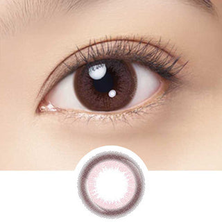 Close-up of eye wearing EyeCandys Marsala Pink colored contact lens – soft pink tone with a natural, enhanced look. Below is the lens design. Available in prescription strength for colored contact lenses.