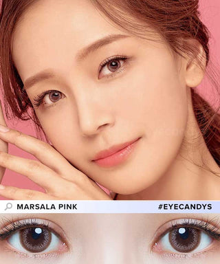 Girl’s face wearing EyeCandys Marsala Pink colored contact lenses with natural makeup – soft pink lenses for a subtle, enhanced look. Below is a close-up of her eyes showcasing the lens design.