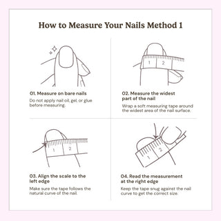 Illustrated guide showing how to measure your nails for press on nails using a tape measure to ensure perfect fit for reusable nail sets.