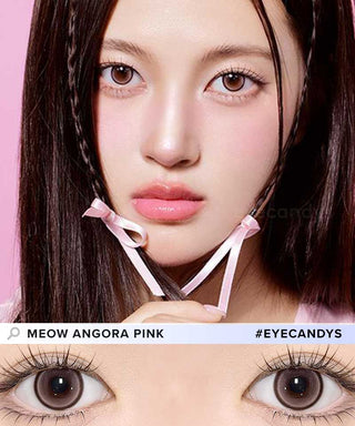 A female model with natural dark eyes wearing Olala Meow Angora Pink contact lenses, complemented by subtle eyeshadow and peach lip gloss and Close-up image showcases the model's eyes adorned with the same pink contact lenses