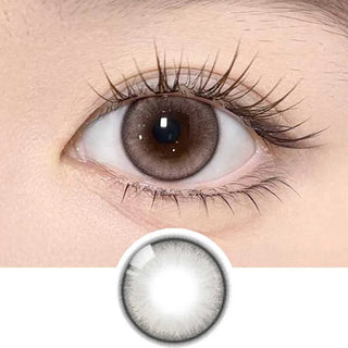 Olala Meow Kitten Beige color contact lens on top of a dark eye paired with subtle eye makeup and curled wispy eyelashes, above the contact lens design.