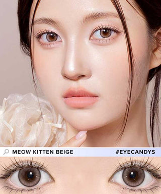 A female model with natural dark eyes wearing Olala Meow Kitten Beige contact lenses, complemented by subtle eyeshadow and peach lip gloss and Close-up image showcases the model's eyes adorned with the same Beige contact lenses