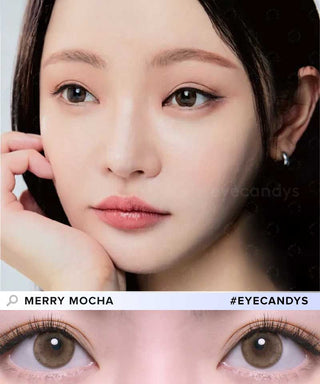 A close-up shows a woman's brown eyes with natural makeup wearing Bausch & Lomb Lacelle Merry Mocha (30pk) daily contacts. Text displays "Merry Mocha" and "#EYECANDYS".