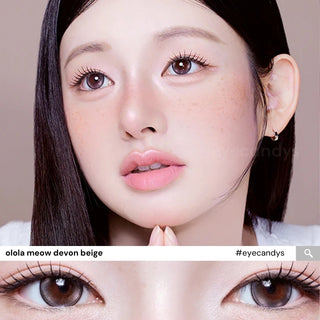 Trendy EyeCandys Olola Meow Devon Beige lens on model, showing detailed eye close-ups and soft beige color enhancement.