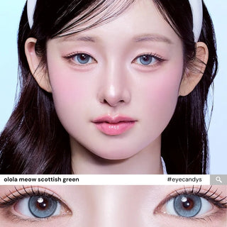 Trendy EyeCandys Olola Meow Scottish Green lens on model, showing detailed eye close-ups and vibrant green color enhancement.