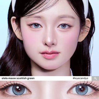 Trendy EyeCandys Olola Meow Scottish Green lens on model, showing detailed eye close-ups and vibrant green color enhancement.