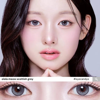 Trendy EyeCandys Olola Meow Scottish Grey lens on model, showing detailed eye close-ups and subtle grey color enhancement.
