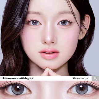 Trendy EyeCandys Olola Meow Scottish Grey lens on model, showing detailed eye close-ups and subtle grey color enhancement.