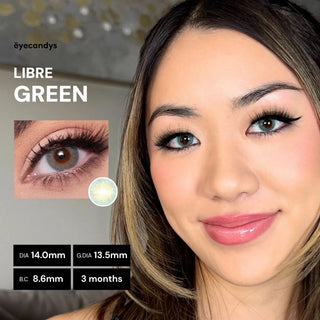 Model’s face wearing EyeCandys Libre Green prescription colored contact lens, 14.0mm diameter, 13.5mm graphic diameter, 8.6mm base curve, 3-month lens.