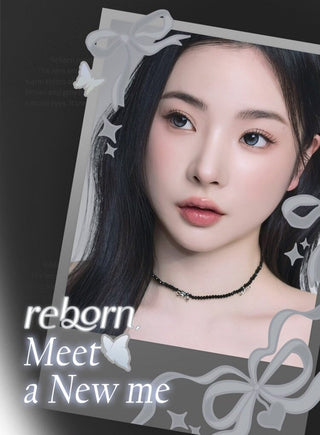 A female model with natural dark eyes wearing i-Sha Reborn Moon Stone contact lenses,