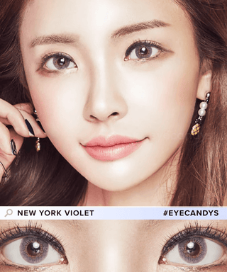 Asian model with brown hair showcasing New York Violet contact lenses on her naturally dark eyes, along with a close-up of her eyes adorned with the same lenses.