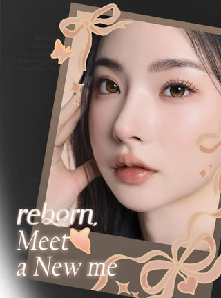 A female model with natural dark eyes wearing i-Sha Reborn Oak Haze contact lenses