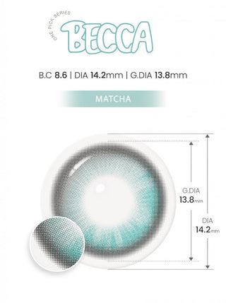 Close-up of EyeCandys One Pick Becca Matcha Contact Lenses – soft green hue with B.C 8.6, Diameter 14.2mm, and G.DIA 13.8mm for a realistic enhancement