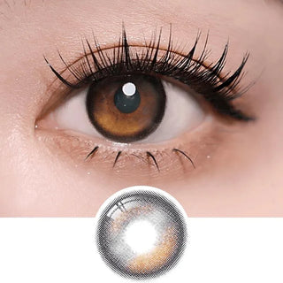 Macro shot of an eye wearing the i-Sha Oriana Edge Plus 1-Day Shade Grey (10pk) prescription colour contact lens, showing the multi-colored detail and natural effect on dark brown eyes, with clean eye makeup. At the bottom is the pattern of the colored lens design, showing the dotted detail and pigmentation.