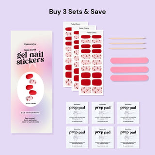 EyeCandys Petite Cherry Gel Nail Stickers package set of 3, includes three sets of semi-cured gel stickers with red and cherry dot designs, three mini nail files, three wooden sticks, and six alcohol pads. Perfect for creating long-lasting, salon-quality nails at home.