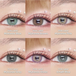 Collage of dark brown eyes wearing EyeCandys Pink Label Mykonos Blue, Mykonos Brown, Mykonos Pink, Mykonos Grey, Mykonos Violet, and Mykonos Amalfi Blue colored contact lenses — vibrant and natural prescription colored contact lenses perfect for bold and beautiful eye color transformations.