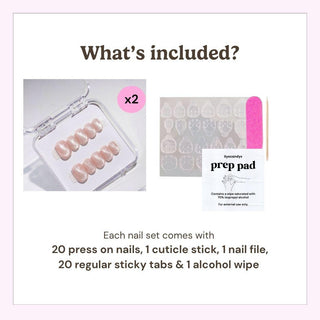 Reusable press on nails kit by EyeCandys including 20 nails, nail file, cuticle stick, alcohol wipe, and 10 sticky tabs for secure application.