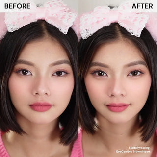 Before-and-after comparison of model’s face wearing EyeCandys Pink Star colored contact lenses – natural look vs pastel pink star lenses with dreamy, doll-eyed sparkle and subtle iris enlargement.