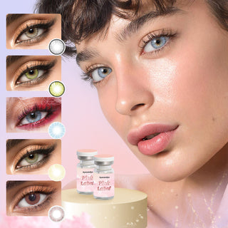 EyeCandys The G.O.A.T. Set (5 pairs) Color Contact Lens Set - collage of 5 contact lenses (grey, green, blue, ivory and pink) and a model showing the effect of wearing the shade blue contact lens on her naturally brown eyes