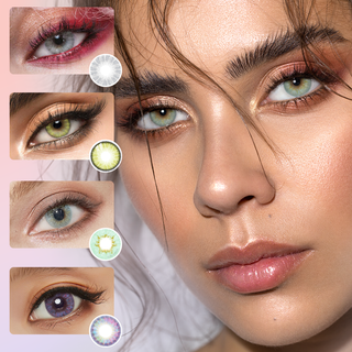 Collage of various color contact lenses in green, aqua, violet and grey, showing the transformative effect over dark irises. On the right is a model wearing the Dewy Aqua Blue looking color contact lens, showing the natural eye-lightening effect on her dark irises.