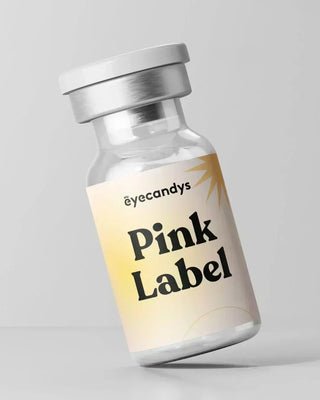 EyeCandys Pink Label contact lens glass vial bottle – chic glass vial packaging for color contact lenses and prescription colored contact lenses, ideal for a sweet and fresh look.