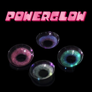 Macro shot of EyeCandys Powerglow contact lenses in grey, green, red, and violet — ultra-vibrant, full-coverage colors with defined iris limbal rings, UV protection, MPC polymer for moisture retention, and antifouling technology. Perfect for dramatic cosplay looks, set against a sleek black background
