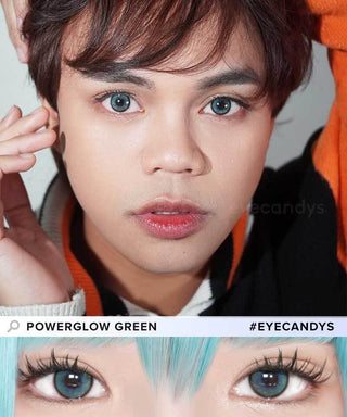 Model wearing EyeCandys Powerglow Green contact lenses — striking green color with ultra-vibrant pigmentation, perfect for cosplay. Close-up of eyes with long lashes highlights the lens’s thin limbal ring, UV protection, and MPC polymer technology for enhanced comfort and eye definition