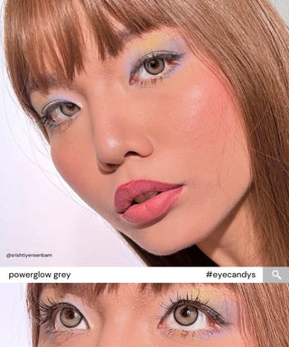 Woman wearing EyeCandys PowerGlow Grey prescription colored contact lenses – color contact lenses with UV protection and MPC Polymer technology.