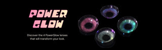 Macro shot of EyeCandys Powerglow contact lenses in grey, green, red, and violet — ultra-vibrant, full-coverage colors with defined iris limbal rings, UV protection, MPC polymer for moisture retention, and antifouling technology. Perfect for dramatic cosplay looks, set against a sleek black background