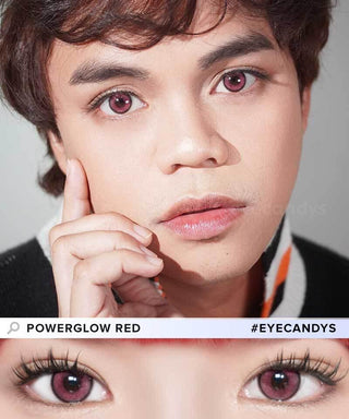 Model wearing EyeCandys Powerglow Red contact lenses — bold red pigmentation ideal for cosplay and dramatic looks. Close-up of eyes with long lashes showcases the lens’s defined limbal ring, UV protection, and moisture-retaining MPC polymer for intense color and all-day comfort