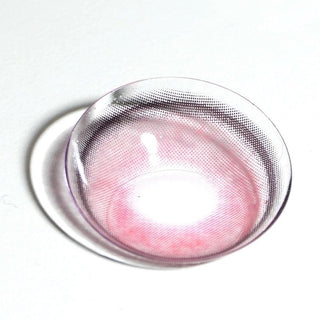 Macro shot of EyeCandys Powerglow Red contact lens — striking red pigmentation with vibrant, full-coverage color, defined iris from thin limbal ring, UV protection, advanced MPC polymer for moisture retention, and antifouling technology for clear, comfortable wear