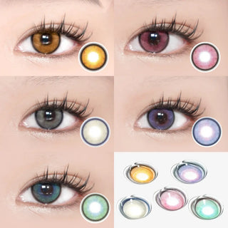 Collage of close-up eyes with long lashes wearing EyeCandys Powerglow contact lenses – Brown, Reddish Pink, Grey, Bluish Purple, and Turquoise Green. Vibrant, full-coverage lenses for bold and cosplay-inspired looks.