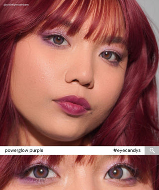 Woman wearing EyeCandys PowerGlow Purple prescription colored contact lenses – vibrant color contact lenses with UV protection and MPC Polymer Innovation.