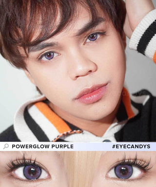 Model wearing EyeCandys Powerglow Violet contact lenses — vivid purple shade with intense pigmentation, perfect for cosplay. Close-up of eyes with long lashes showcases the lens’s defined limbal ring, UV-blocking feature, and moisture-locking MPC polymer for bold yet comfortable wear
