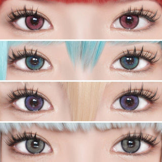 Collage of model's eyes wearing EyeCandys Powerglow contact lenses in grey, green, red, and violet — ultra-vibrant, cosplay-inspired colors with defined iris, thin limbal rings, UV protection, and moisture-locking MPC polymer for comfort and clarity