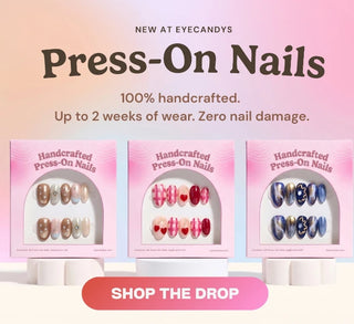 EyeCandys press on nails collection displayed on pink background featuring multiple aesthetic press on nail sets including floral, marble, cat eye, and glitter designs.