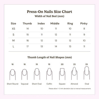 Eyecandys press-on nails size chart showing XS, S, M, L, and Custom sizing with nail measurements and a guide to help choose the best-fitting reusable press-on nails.