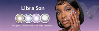 Girl wearing EyeCandys prescription colored contact lenses and Wing Woman press-on nails, featuring stylish Halloween press on nails for Libra season.