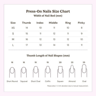The EyeCandys Press-On Nails size chart features nail bed widths in mm for XS, S, M, and L, with thumb shape/length illustrations (16-25mm)—ideal for getting a salon gel manicure look at home.