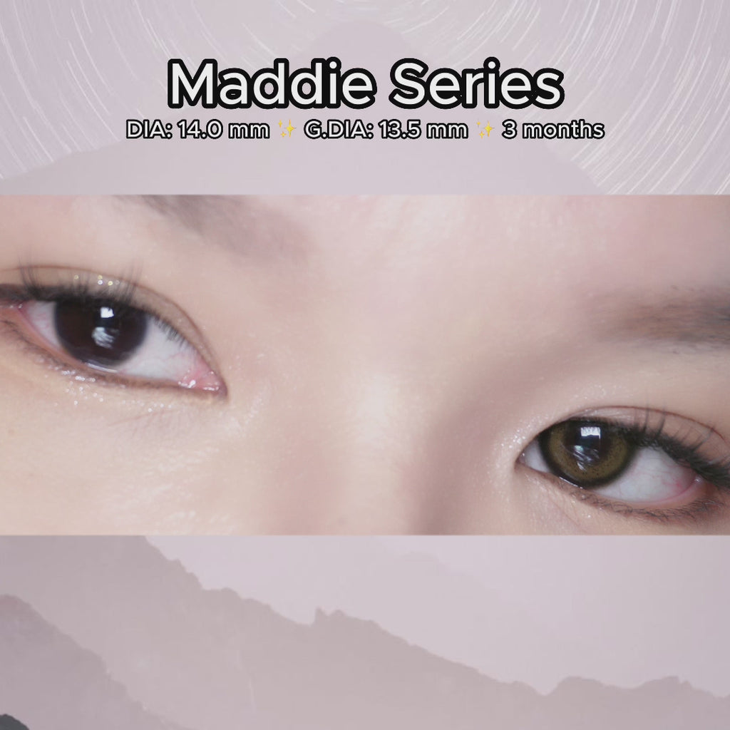 Trying on the Maddie Brown prescription circle lenses (13.5mm graphic diameter) on dark brown eyes