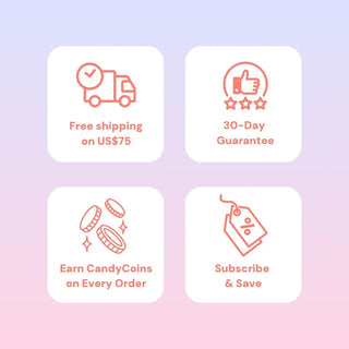 Four icons: a truck for "Free shipping on US$75," thumbs-up with stars for "30-Day Guarantee," coins for "Earn CandyCoins on Every Order," and sale tag for "Subscribe & Save." Perfect for EyeCandys Brown Heart lens fans. Light pink gradient background.