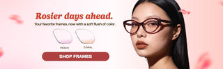 Rose-themed homepage banner featuring a woman wearing tortoiseshell cat-eye glasses, with Peach and Coral tinted lens options shown on a soft pink background and “Rosier days ahead” text.