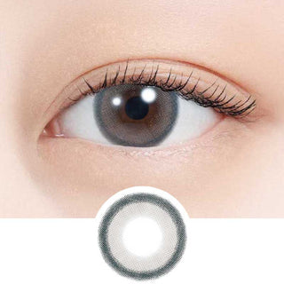 Model's eye close-up featuring EyeCandys Sakana contact lenses – striking aqua color for a dramatic eye transformation in cosplay. Below: Lens design close-up showing the vibrant aqua pattern and depth