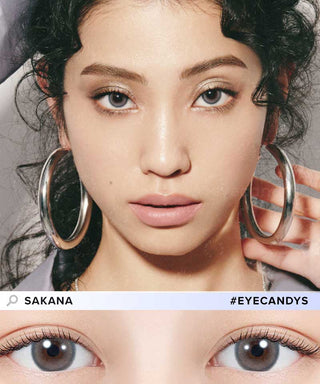 Model's face showing her eyes wearing EyeCandys Sakana contact lenses – bright aqua-colored lenses for a bold, striking look. Below: Close-up of the eyes revealing the vibrant aqua tones of the lens